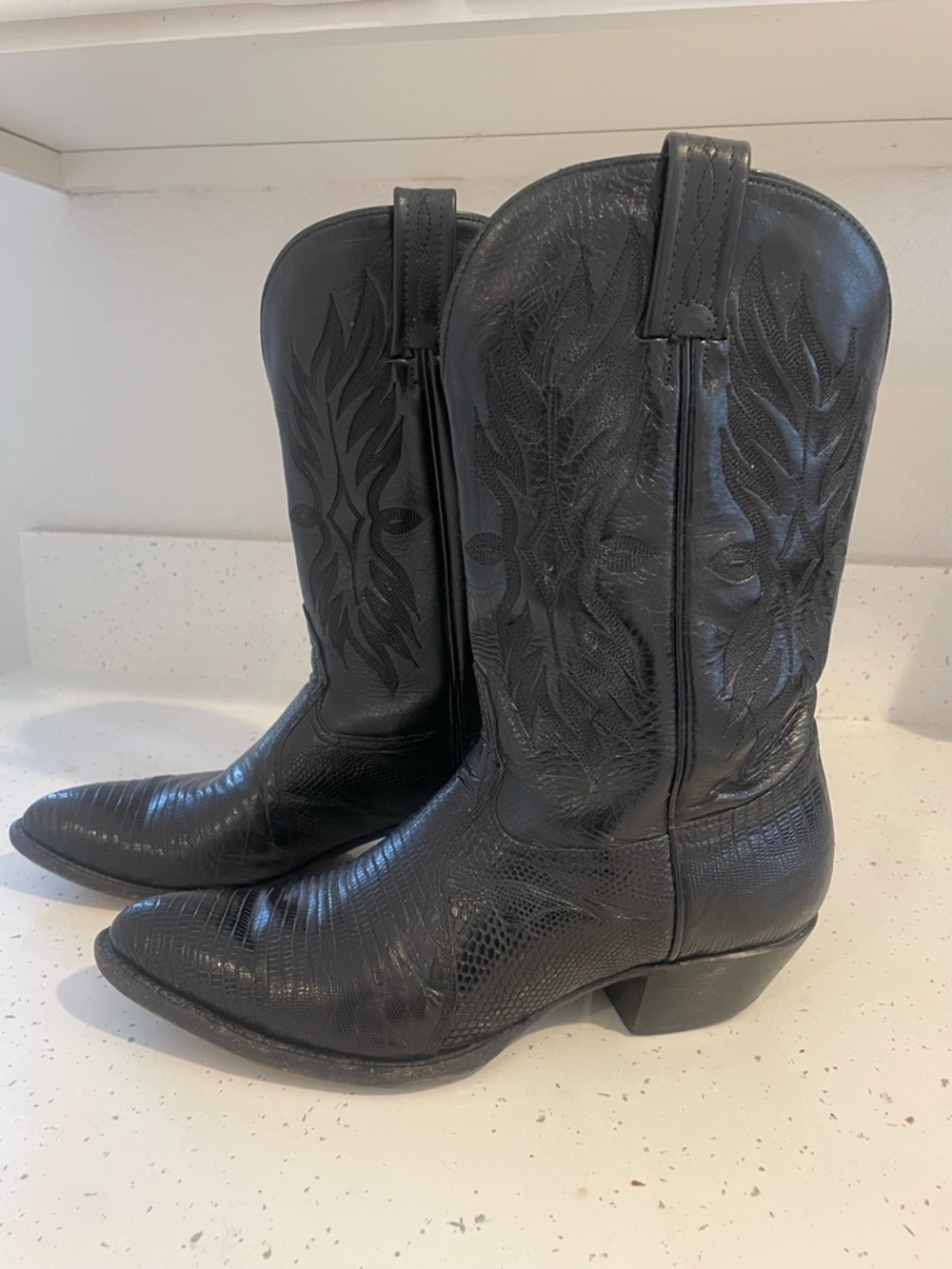 Tony Lama Black Leather Cowboy Boots with Embossed Stitching